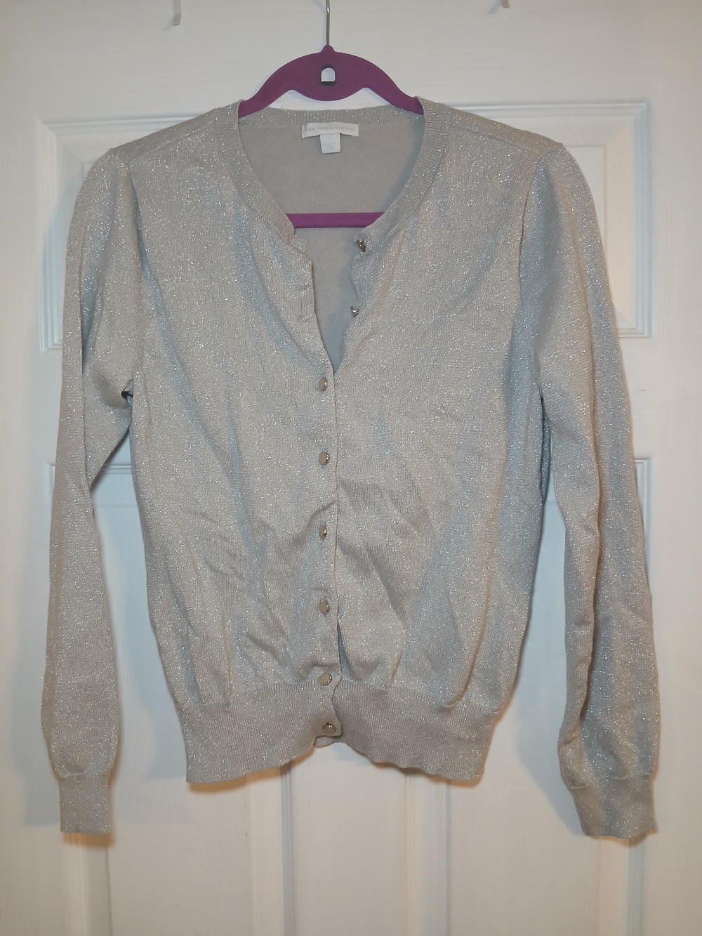 New York & Company Silver Sparkle Crewneck Cardigan